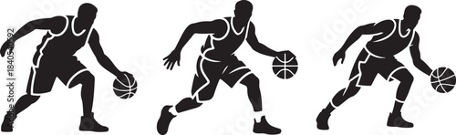 Three basketball player silhouettes dribbling ball with dynamic energy on court