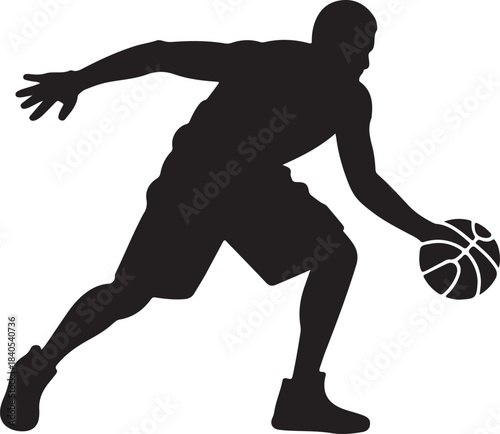 Basketball player silhouette dribbling ball with focused intensity during competitive game