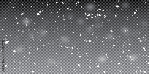 Falling winter snow, snowfall with snowflakes isolated on transparent background . Snowflake illustration of snow flake chaotic