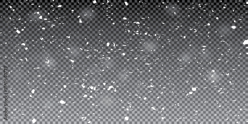 Glamour black sparkling background. Falling snow on transparent background