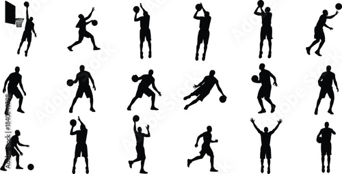Basketball Player Silhouette Vector Set, Dynamic Action Poses, Dribbling, Shooting, Jumping, Running, Sportswear, Competition, Black and White Graphic, Team Game, Athletic Activity