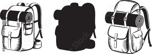 Set of camping backpacks with rolled sleeping bags