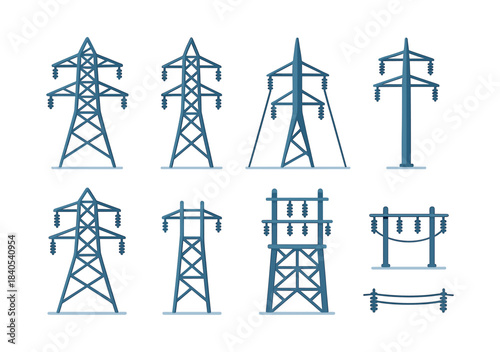 Electric tower designs, flat vector illustration, power grid, transmission lines