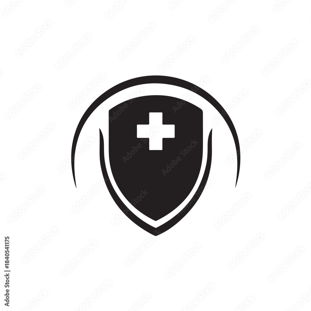 Obraz premium Medical Shield Logo with Cross Symbol in Simple Black Design on White Background for Healthcare Branding