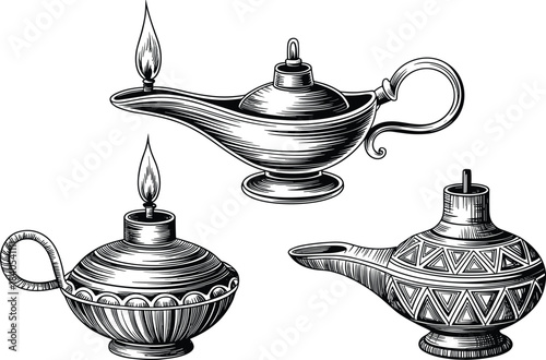 Three vintage oil lamps with flames antique