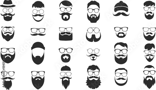 Black and white illustration set of men faces with beard, mustache, glasses, hipster style collection, modern minimalist design