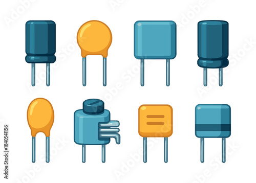 Electronic components, flat vector illustration, capacitors, resistors