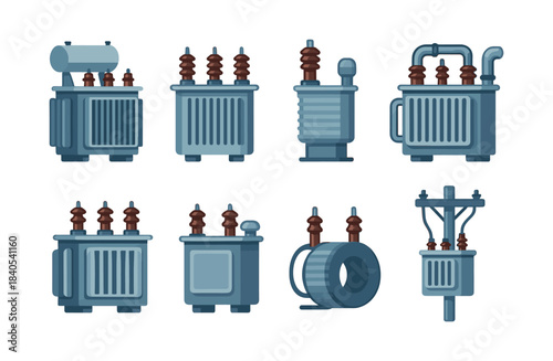 Electric transformer set, power, utility, tools, flat vector illustration