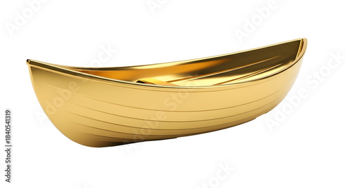 Elegant polished golden boat shaped decorative bowl or dish with subtle horizontal lines on a black background