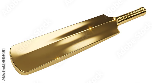 A luxurious polished golden cricket bat with a textured handle rests on a dark background symbolizing wealth and victory
