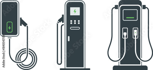 Modern electric vehicle charging station icons featuring clean, minimalist EV charger designs with cables and power symbols. Perfect for eco-friendly branding, sustainability projects, apps, infograph
