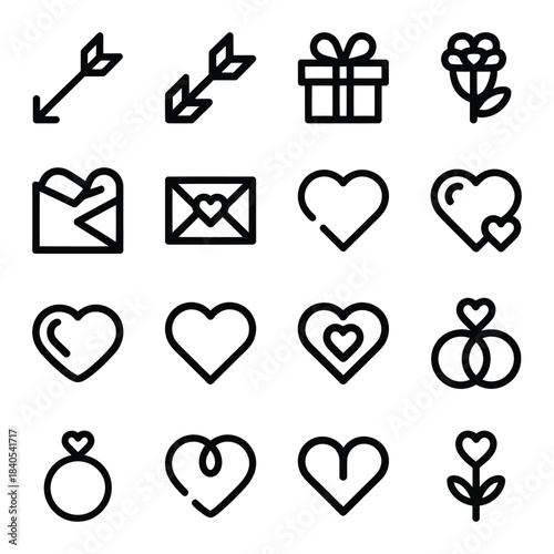 Collection of romantic and love related icons in a clean line art style