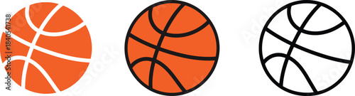 Three stylized basketballs in orange and black and white outline