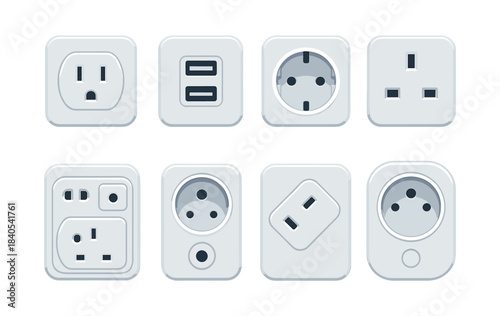 Electrical outlets and switches set, flat vector illustration, plug, socket