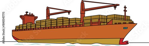 Black and white line drawing of large cargo container ship, maritime transport illustration, commercial shipping vessel outline, ocean freight sketch
