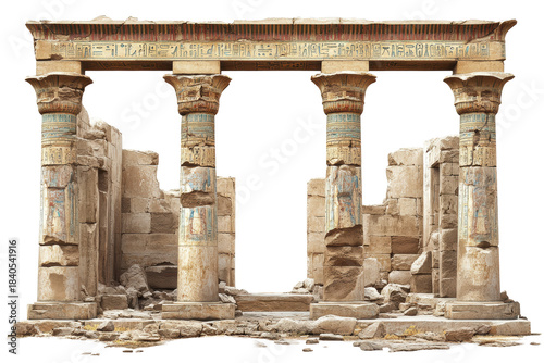 Ancient Egyptian Temple Ruins With Hieroglyphic Columns. Historical Architecture And Cultural Heritage Isolated On Transparent Background
