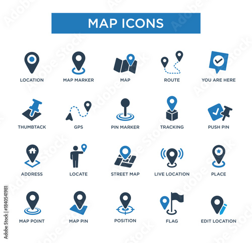 Map and Location Icons Set – GPS, Navigation, Route, and Pin Markers Vector