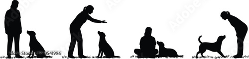 Black silhouette vector illustration of various dog training poses, showing owners and their pets practicing basic obedience commands, ideal for veterinary and pet care concepts.