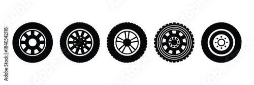 Collection of five different black and white tire and wheel designs