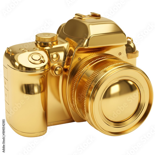 Shiny golden dslr camera object isolated on transparent background representing luxury photography and expensive equipment for professional photographers