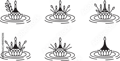 Lotus Candle Line Art Icon Set, Thai Festival and Spiritual Water Candle Symbols