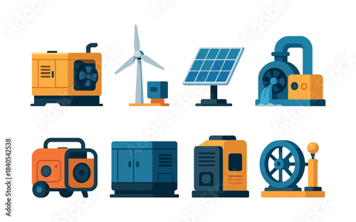 Renewable energy devices, wind, solar, hydro, flat vector illustration