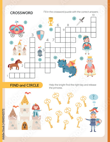 Pages for a children's activity book. The theme is a fairytale kingdom. Crossword, Find and circle. Fun activities for preschool children. Kids book kingdom theme. Vector illustration.