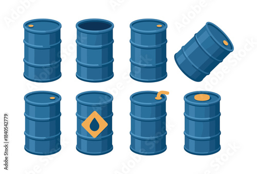 Oil barrel variations, metal drums, oil tanks, flat vector illustration