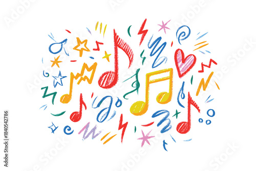 Vibrant hand drawn musical notes and symbols scattered in a playful abstract pattern with colorful scribbles and lightning bolts