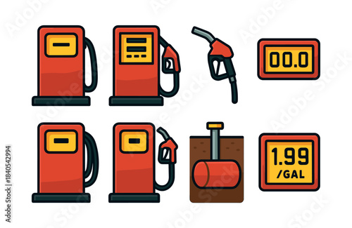 Gas station equipment, pump, nozzle, fuel meter, flat vector illustration