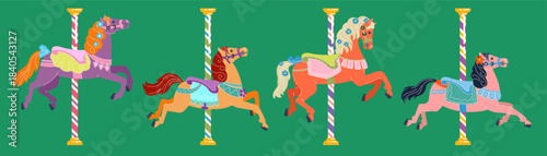 Retro carousel horse. Playful circus elements. Colorful fair design. Merry-go-round pony with pillar. Carnival event. Hand drawn for kids. Roundabout attraction. Doodle vintage stickers vector art set