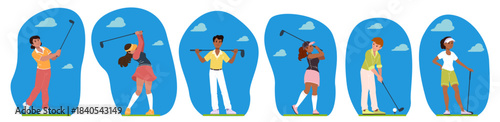 Golf sport. Golfer characters playing on green field. Outdoor summer leisure game with ball, club activity, flag in holes. Sports people. Professional championship. Vector cartoon flat illustration