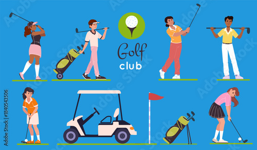 People playing golf. Golfer character with bag, club and car cart. Summer sports leisure on grass field with holes. Sportsmen at playground lawn. Athletic game elements set. Vector flat illustration