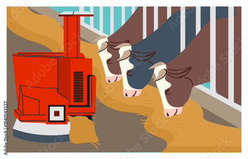 Agriculture farm. Cows in stalls. Cattle eating straw. Automated feeder. Farming work. Smart automation. Agro robot in barn. Domestic mammals feeding. Husbandry innovation technology. Vector concept