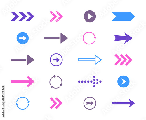 Arrow icons. Line and circle interface symbols. Minimalistic shapes, web buttons, navigation or orientation dynamic pointers. Colorful simple silhouettes. Vector flat style isolated illustration set