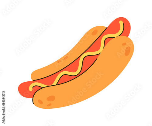 Food delivery. Hotdog order. Bread bun with sausage mustard sauce. Fastfood restaurant shipping. Takeaway junk meal eating. Tasty meat burger. American snack. Lunch sandwich. Vector isolated element