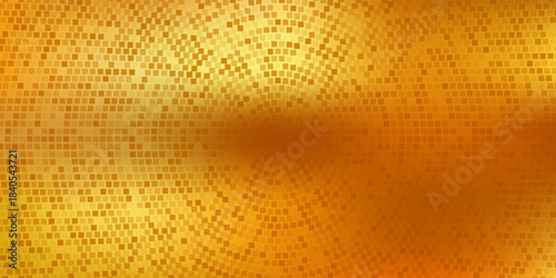 Radial gold disco party pattern. Golden square sequin mosaic texture background. Abstract yellow shining glitter halftone wallpaper. Pop up comic sparkling glitter and strass backdrop. Vector