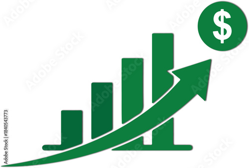 Green bar graph with upward arrow and dollar sign representing financial growth and success isolated on white background