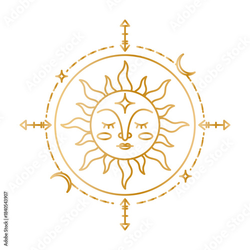 Golden sun icon. Gold boho logotype or emblem. Sunset and moon line alchemy mystic logo. Magic bohemian element. Outline abstract sky zodiac creative decorative design. Vector isolated illustration
