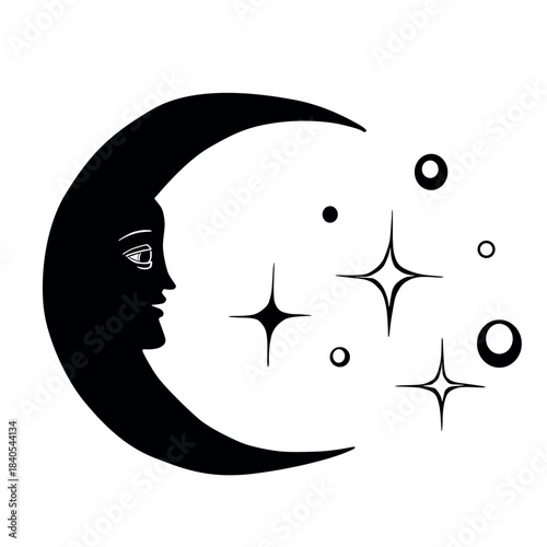 Elegant vector illustration of a crescent moon with a human face surrounded by sparkling stars. Minimalist celestial design perfect for astrology, night sky themes, mystic decor, and cosmic artwork.