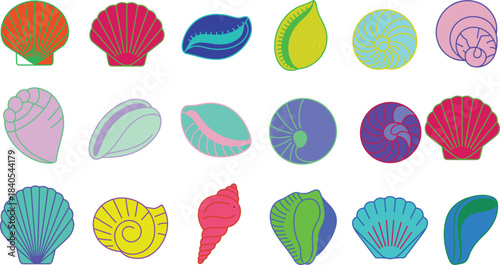 Black and white seashell illustration set, marine shell collection, ocean beach line art, minimal coastal design, nautical decorative vector elements