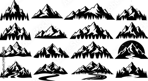 Mountain Peak Silhouette Collection – Black Alpine Landscape Icons