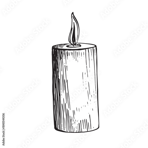 Hand-drawn vector illustration of a burning candle with rustic texture and simple flame. Sketch-style details ideal for holiday decor, spirituality, relaxation, aromatherapy, wellness themes.