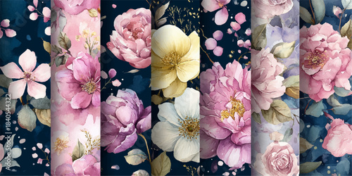 Vintage floral pattern with soft pink yellow and purple flowers on dark blue background