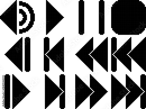 Rewind fast reverse back play stop pause volume forward fast forward next button icon bold three layers inside black-white vector pixel art icon