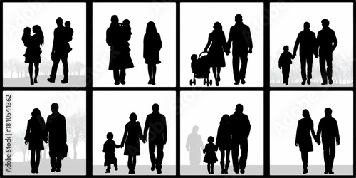 Collection of black silhouettes of families and couples walking together outdoors