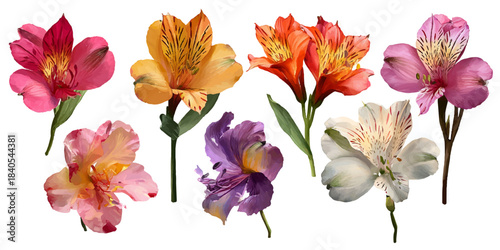 Collection of vibrant alstroemeria flowers in various colors against a white background