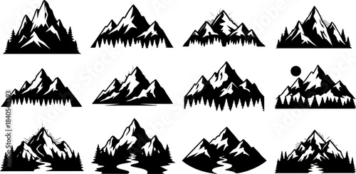 Mountain Peak Silhouette Collection – Black Alpine Landscape Icons