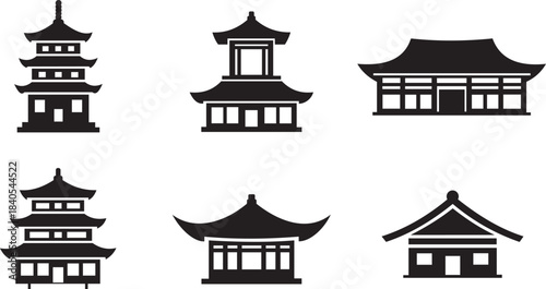 Collection of six black silhouette icons representing traditional east asian architecture, including pagodas and temples, isolated on white background