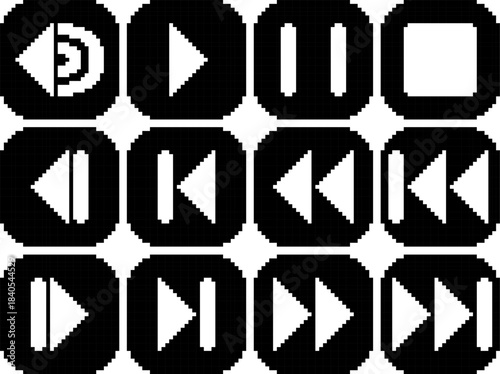 Rewind fast reverse back play stop pause volume forward fast forward next button icon bold white detail in button five layers inside black-white vector pixel art icon